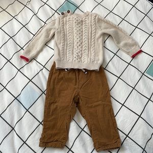 Baby Boden Cable Knit Sweater w/ Teddybear Pocket Corduroys- 12-18 Months